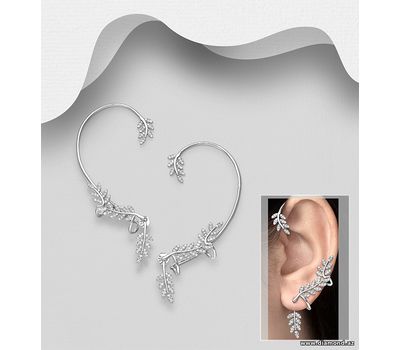 925 Sterling Silver Leaf Jacket & Ear Cuffs Earrings, Decorated with CZ Simulated Diamonds