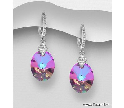 Şəkli böyütmək üçün tiklayın Sparkle by 7K - 925 Sterling Silver Omega Lock Earrings Decorated with CZ Simulated Diamonds and Fine Austrian Crystals