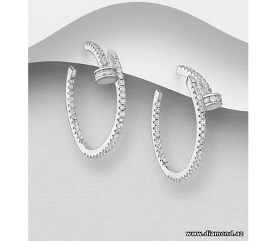 925 Sterling Silver Nail Push-Back Earrings, Decorated with CZ Simulated Diamonds
