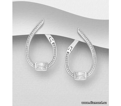 925 Sterling Silver Front & Back Hoop Earrings, Decorated with CZ Simulated Diamonds