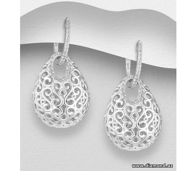 925 Sterling Silver Swirl Droplet Omega Lock Earrings, Decorated with CZ Simulated Diamonds