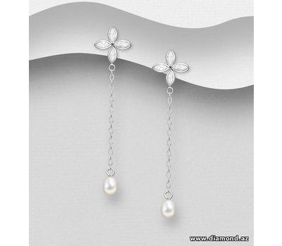 925 Sterling Silver Flower Push-Back Earrings, Decorated With CZ Simulated Diamonds and Freshwater Pearls