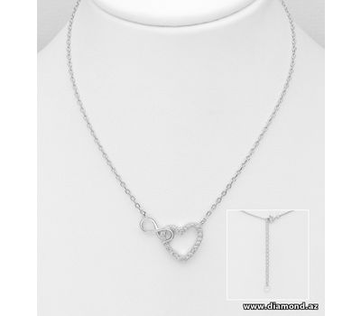 925 Sterling Silver Heart and Infinity Link Necklace, Decorated with CZ Simulated Diamonds