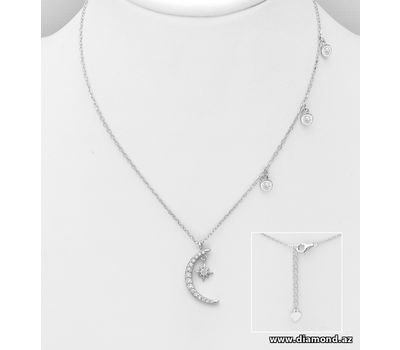 925 Sterling Silver Necklace, Featuring Crescent Moon and Star Design, Decorated with CZ Simulated Diamonds