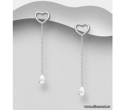 925 Sterling Silver Heart Push-Back Earrings, Decorated with CZ Simulated Diamonds