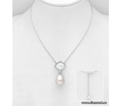 925 Sterling Silver Shell Necklace, Decorated with Freshwater Pearl, Shell and CZ Simulated Diamond
