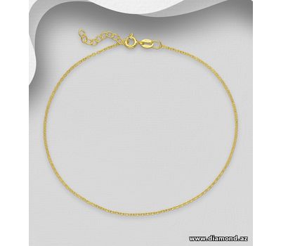 ITALIAN DELIGHT - 925 Sterling Silver Anklet, Plated with 0.25 Micron 18K Yellow Gold, 1.3 mm Wide, Made in Italy.