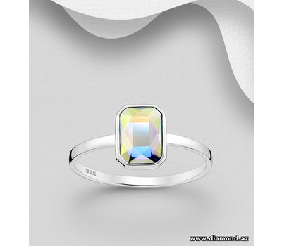 Sparkle by 7K - 925 Sterling Silver Rectangle Ring Decorated with Fine Austrian Crystal