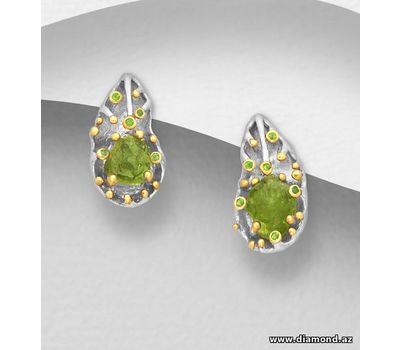 ADIORE JEWELS - 925 Sterling Silver Push-Back Earrings, Decorated with Chrome Diopsides and Peridots, Plated with 3 Micron 22K Yellow Gold