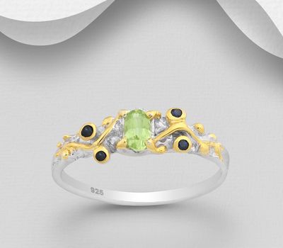 ADIORE JEWELS - 925 Sterling Silver Ring, Decorated with Blue Sapphires and Peridot, Plated with 3 Micron 22K Yellow Gold and White Rhodium