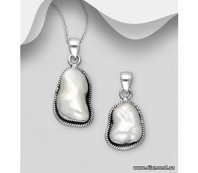 JEWELLED - 925 Sterling Silver Oxidized Pendant Decorated with Freshwater Pearl. Handmade. Design, Shape and Size Will Vary.