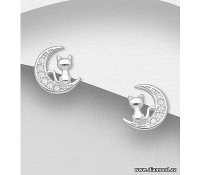 925 Sterling Silver Cat and Moon Push-Back Earrings, Decorated with CZ Simulated Diamonds