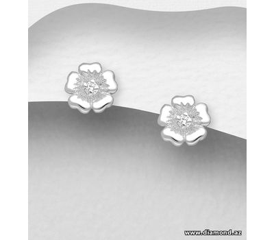 925 Sterling Silver Flower Push-Back Earrings, Decorated with CZ Simulated Diamonds