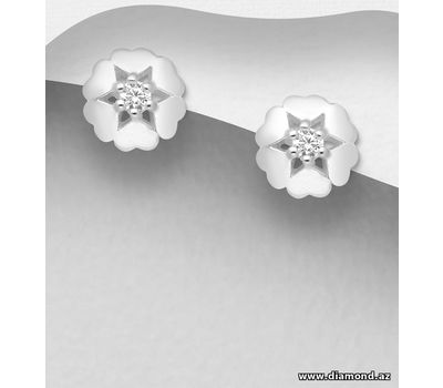 925 Sterling Silver Flower Earrings Decorated with CZ Simulated Diamonds