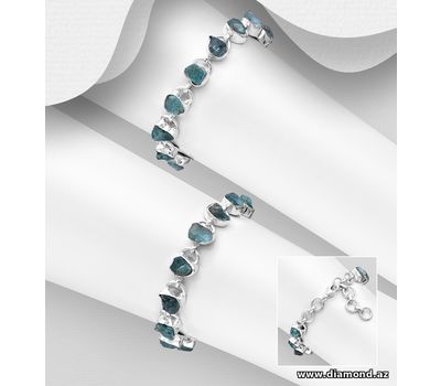 JEWELLED - 925 Sterling Silver Bracelet, Decorated with Blue Apatite. Handmade. Design, Shape and Size Will Vary.