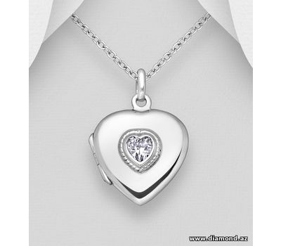 925 Sterling Silver Heart Locket Pendant, Decorated with CZ Simulated Diamond