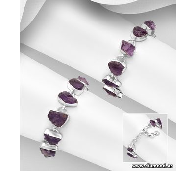 JEWELLED - 925 Sterling Silver Bracelet, Decorated with Amethyst. Handmade. Design, Shape and Size Will Vary.