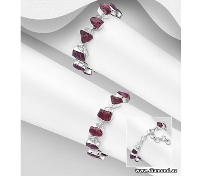 JEWELLED - 925 Sterling Silver Bracelet, Decorated with Rhodolite. Handmade. Design, Shape and Size Will Vary.