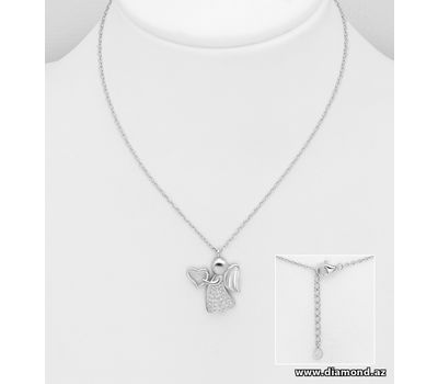 925 Sterling Silver Heart Angel Necklace, Decorated with CZ Simulated Diamonds