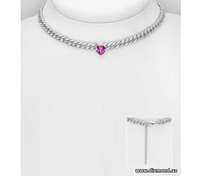 925 Sterling Silver Heart and Links Choker, Decorated with CZ Simulated Diamonds