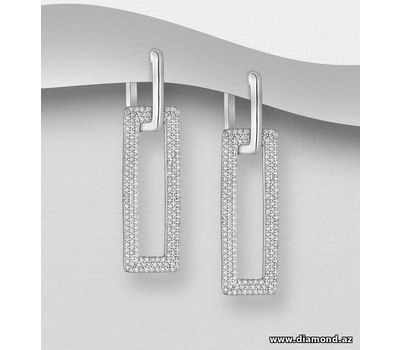 925 Sterling Silver Rectangle Hoop Earrings, Decorated with CZ Simulated Diamonds
