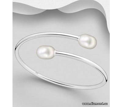 925 Sterling Silver Cuff, Decorated with Freshwater Pearls