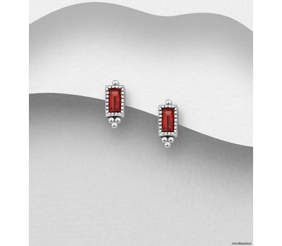 La Preciada - 925 Sterling Silver Oxidized Rectangle Push-Back Earrings, Decorated with Garnet