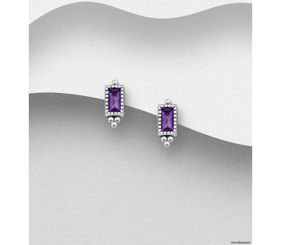La Preciada - 925 Sterling Silver Oxidized Rectangle Push-Back Earrings, Decorated with Amethyst