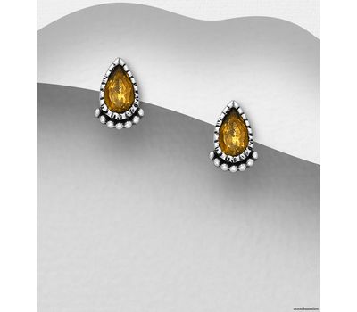 La Preciada - 925 Sterling Silver Oxidized Droplet Push-Back Earrings, Decorated with Citrine