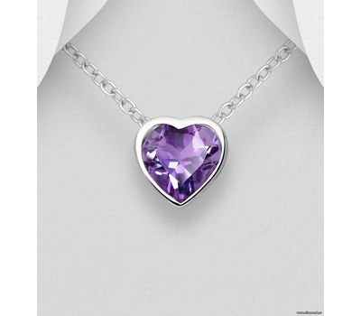 La Preciada - 925 Sterling Silver Heart Solitaire Pendant, Decorated with Amethyst