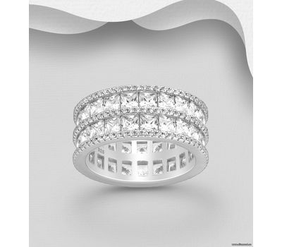 925 Sterling Silver Band Ring, Decorated with CZ Simulated Diamonds, 9 mm Wide.