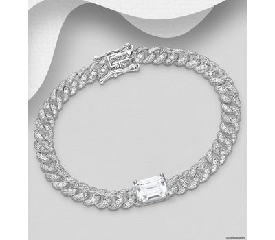 925 Sterling Silver Link Chain Bracelet, Decorated with CZ Simulated Diamonds
