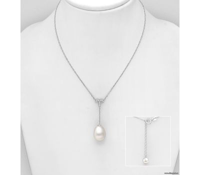 925 Sterling Silver Necklace, Decorated with CZ Simulated Diamonds & Freshwater Pearl