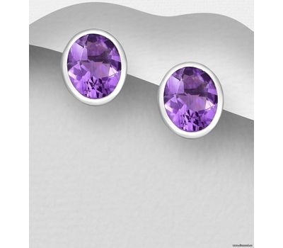 La Preciada - 925 Sterling Silver Oval Push-Back Earrings, Decorated with Amethyst