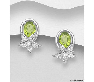 La Preciada - 925 Sterling Silver Flower Omega Lock Earrings, Decorated with Various Gemstones and CZ Simulated Diamonds