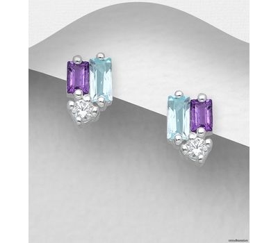 La Preciada - 925 Sterling Silver Push-Back Earrings, Decorated with Amethysts, Sky-Blue Topaz and CZ Simulated Diamonds