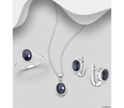 La Preciada - 925 Sterling Silver Omega Lock Earrings, Pendant and Ring Jewelry Set, Decorated with Blue Sapphire