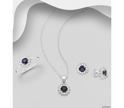 La Preciada - 925 Sterling Silver Push-Back Earrings, Pendant and Ring Jewelry Set, Decorated with CZ Simulated Diamonds and Various Gemstones