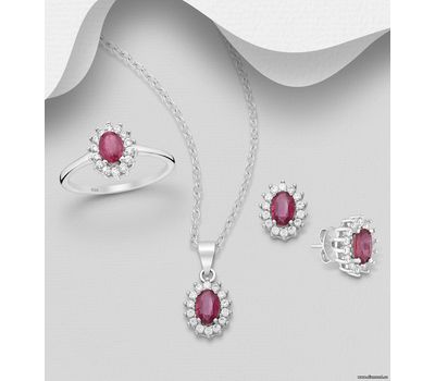 La Preciada - 925 Sterling Silver Oval Omega Lock Earrings, Ring and Pendant Jewelry Set, Decorated with Gemstones and CZ Simulated Diamonds
