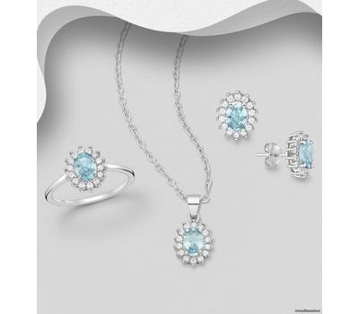 La Preciada - 925 Sterling Silver Oval Push-Back Earrings, Pendant and Ring Jewelry Set, Decorated with CZ Simulated Diamonds and Various Gemstones