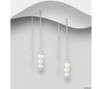 925 Sterling Silver Threader Earrings Beaded With Simulated Pearls
