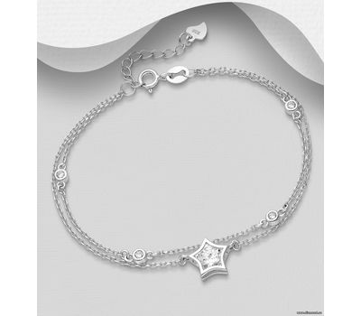 925 Sterling Silver Star Layered Bracelet, Decorated with CZ Simulated Diamonds