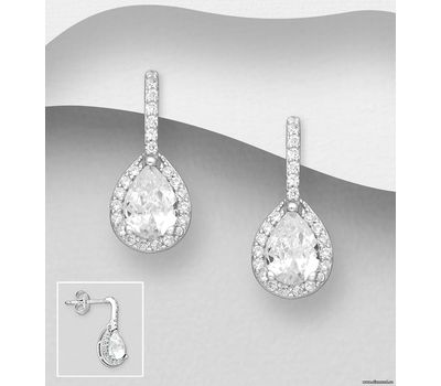 925 Sterling Silver Droplet Push-Back Earrings, Decorated with Various Color CZ Simulated Diamonds