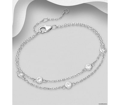 925 Sterling Silver Layered Bracelet, Decorated with CZ Simulated Diamonds