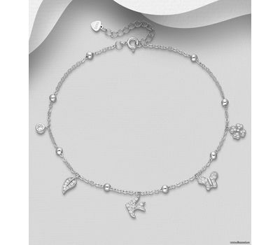 925 Sterling Silver Ball, Bird, Butterfly, Flower and Leaf Anklet, Decorated with CZ Simulated Diamonds
