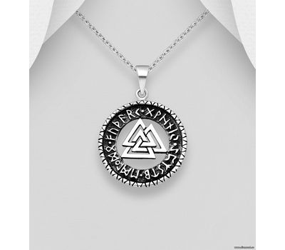 925 Sterling Silver Oxidized Valknut and Viking Rune Pendant