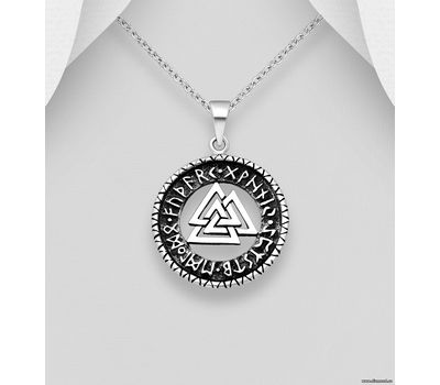 Şəkli böyütmək üçün tiklayın 925 Sterling Silver Oxidized Valknut and Viking Rune Pendant
