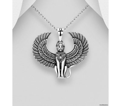 925 Sterling Silver Oxidized Egyptian Deity - Bastet and Cross Pendant