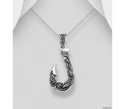 Şəkli böyütmək üçün tiklayın 925 Sterling Silver Oxidized Fish Hook Pendant