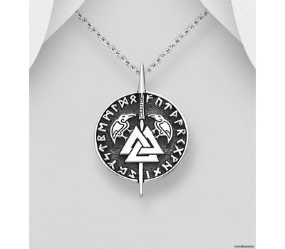 925 Sterling Silver Oxidized Valknut, Raven and Viking Rune Pendant